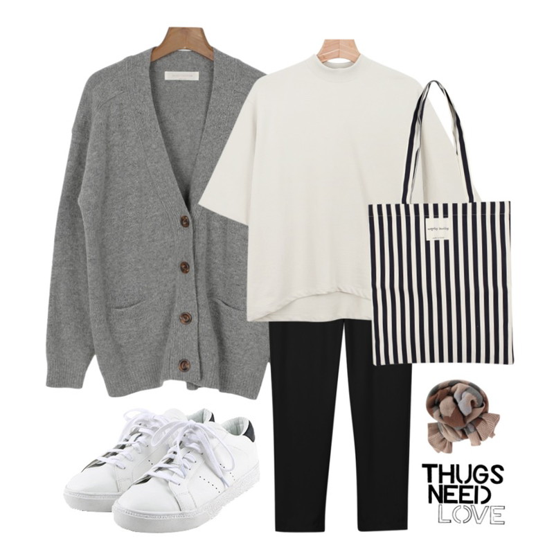 daily monday Volume practical cardigan[볼륨프렉티컬가디건,기본가디건,울가디건,가디건],daily monday Simple back point sneakers,daily monday Chic flat slacks등을 매치한 코디