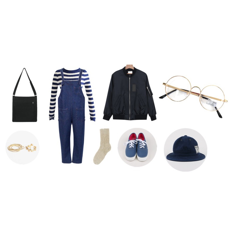 Rough & Detail lambs stripe, t,Rough & Detail denim overalls baggy, pt_blue,daily monday Blouson flight jumper등을 매치한 코디