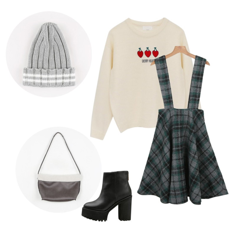 daily monday Check suspender one-piece,biznshoe Platform unique boots,Rough & Detail cherry heart, knit_ivory등을 매치한 코디