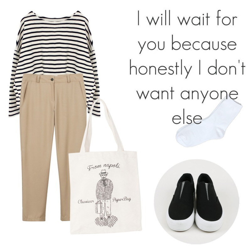 Rough & Detail choice stripe side open, t_ivory,daily monday V-stripe wing slip-on,daily monday Chic flat slacks등을 매치한 코디