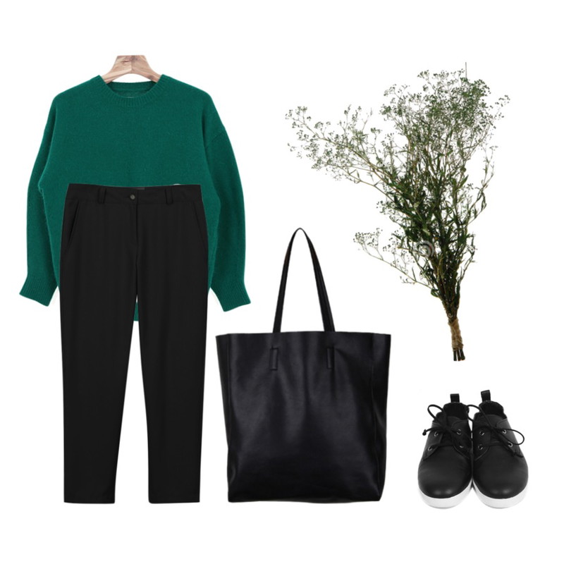 daily monday Black&white shoes,Zemma World Angora balloon knit부드러운 앙고라로 포근포근-벌룬라인의 소매로 여리한 핏 연출!,daily monday Chic flat slacks등을 매치한 코디