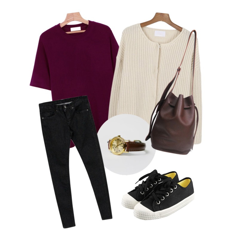 daily monday Brown Leather Watch,daily monday Golgi  warm cardigan[울가디건,가디건,노카라가디건,숏가디건,미니멀가디건],daily monday Perfect soft 1/2 t-shirt등을 매치한 코디