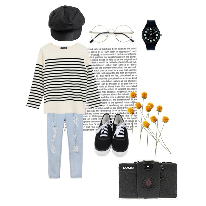5,daily monday Light denim boy-fit pants,Zemma World 둥글게 (glasses) 등을 매치한 코디