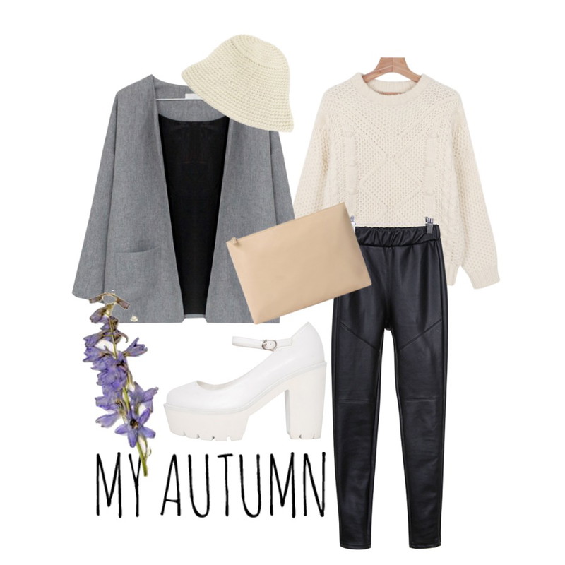 daily monday Miniball unique knit,Zemma World Leather skin pants,Rough & Detail yes no collar, jk_gray등을 매치한 코디