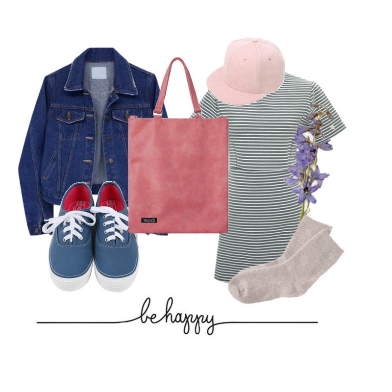 걸즈비 스트라이프ops,daily monday All day basic sneakers,Rough & Detail basic denim, jk_deep-blue등을 매치한 코디