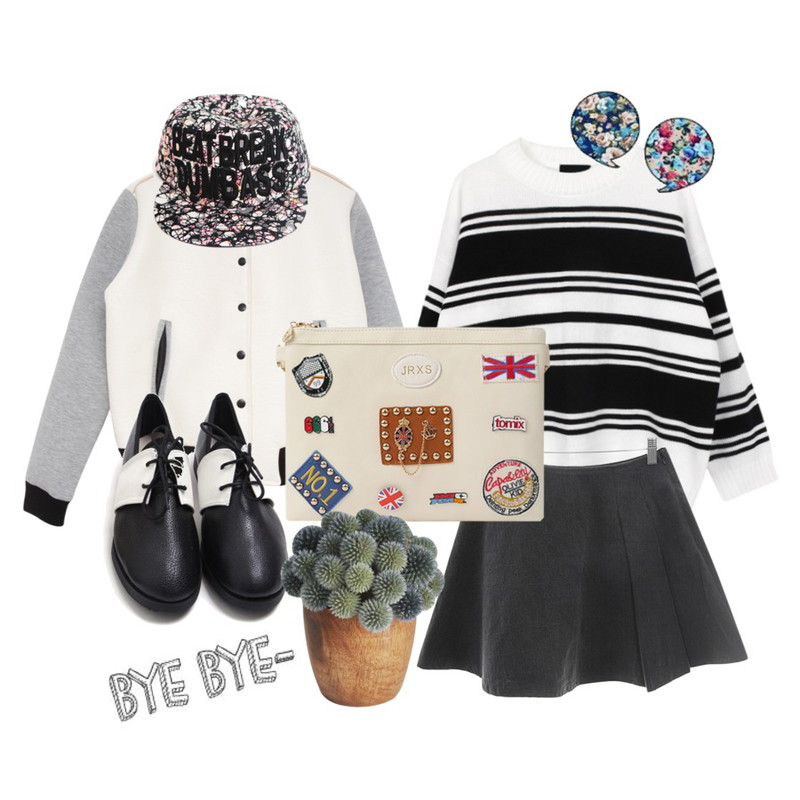 MIND ME 스타디움  [Jumper] ,Zemma World 에슐리걸 (sk),biznshoe Stripe mix knit (2color)등을 매치한 코디