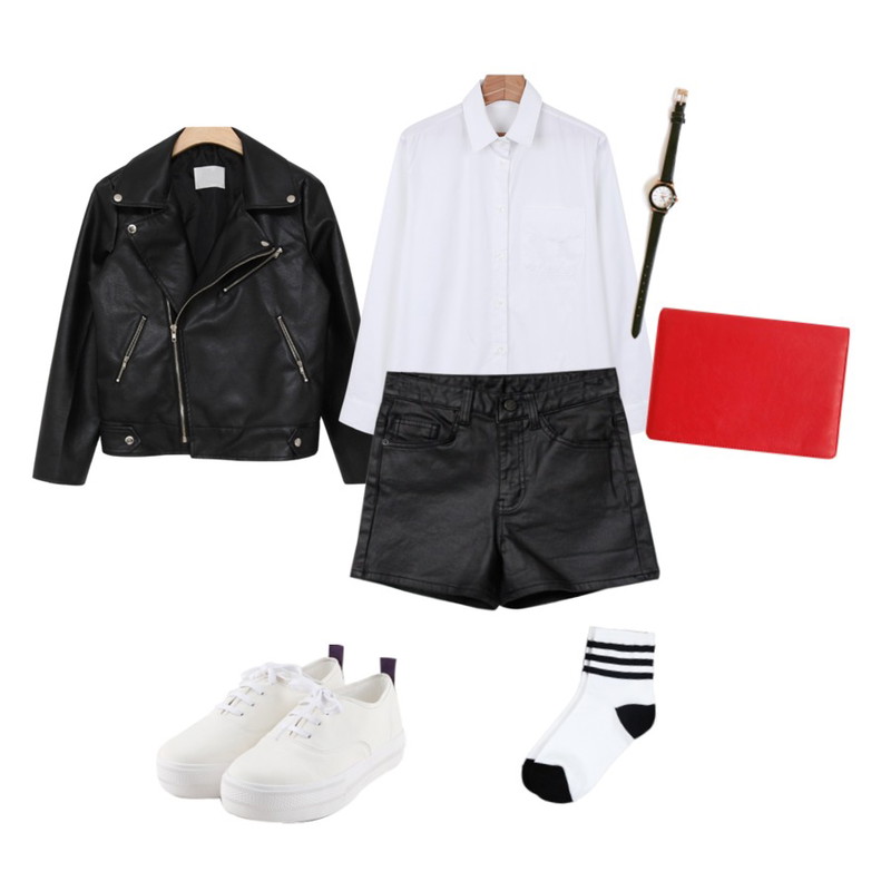 Rough & Detail leather half high short, pt,daily monday Basic pocket shirt,MIND ME 스탠다드 지퍼 카라 라이더 jk등을 매치한 코디