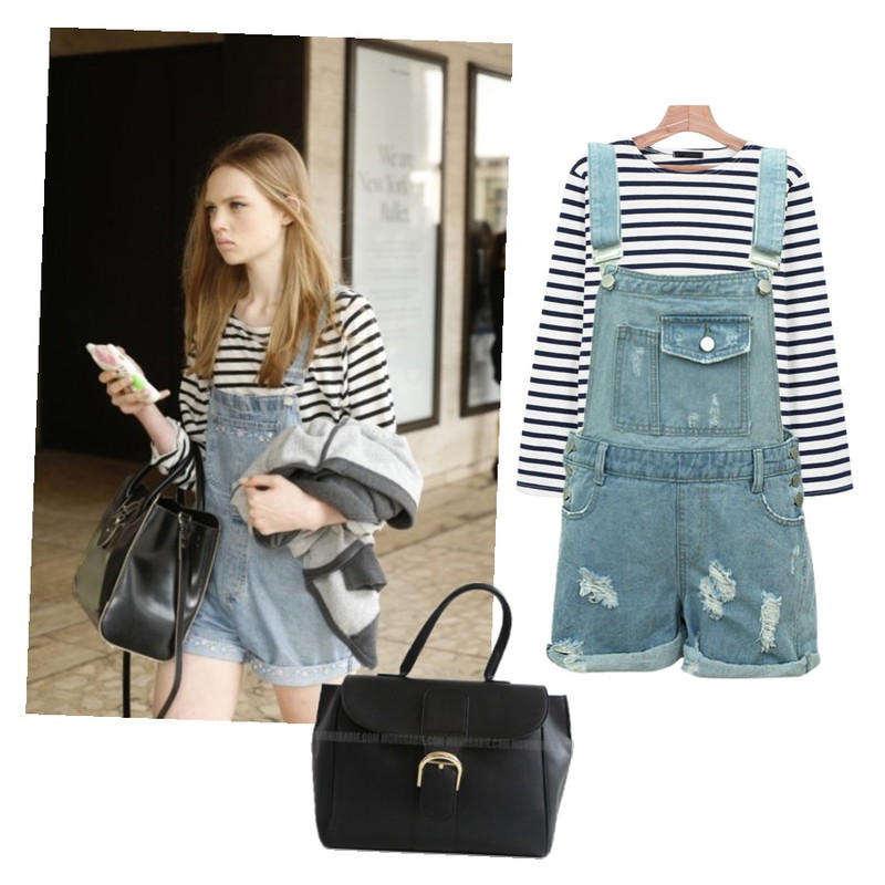 걸즈비 포니 오버롤,daily monday Layered simple stripe tee,오버롤숏팬츠등을 매치한 코디