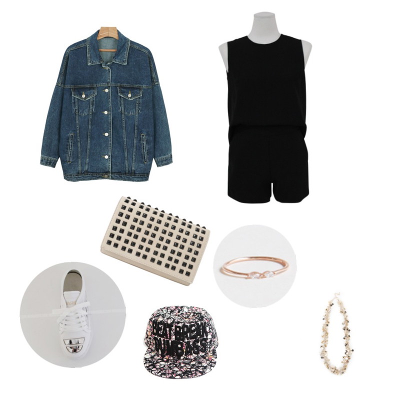 daily monday Back zipper rompers(3color),Monobarbie  헵시White/Black 3.4cm,daily monday 3Color washing denim jacket등을 매치한 코디