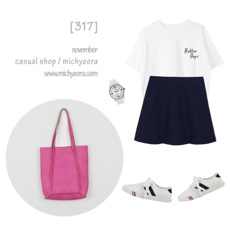 daily monday Cutting line color shopper bag,biznshoe Better days tee (2color),daily monday Show a-line skirt등을 매치한 코디