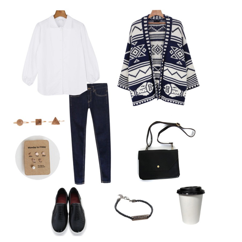 daily monday Volume retro blouse[볼륨레트로블라우스,볼륨블라우스,블라우스,빈티지블라우스],daily monday New goody denim skinny,daily monday Fish over cardigan등을 매치한 코디
