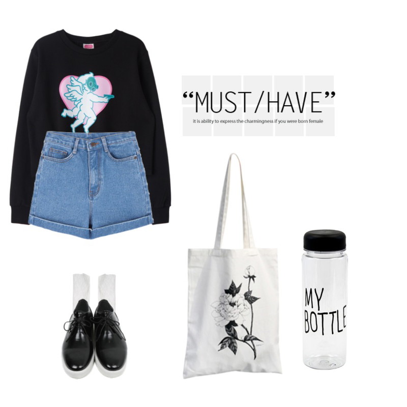 Rough & Detail lovely lace, socks_white,MIXXMIX MXMMIX X CHARMINGCUPID SWEAT SHIRT,MIXXMIX MUSE IS YOU일러스트 에코백_피오니등을 매치한 코디