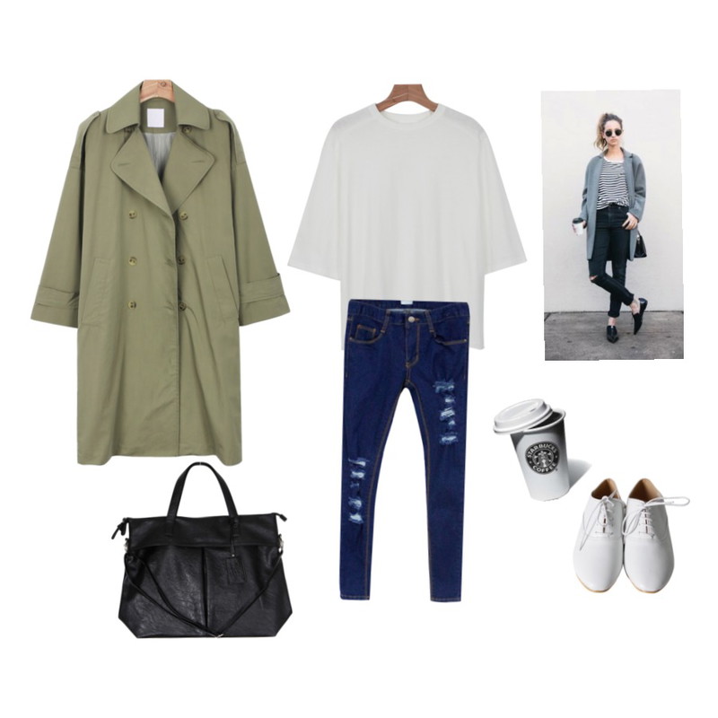 starbucks,Rough & Detail destroyed skinny, pt_blue(25사이즈 18-20 입고예정),daily monday Seven length basic tee등을 매치한 코디