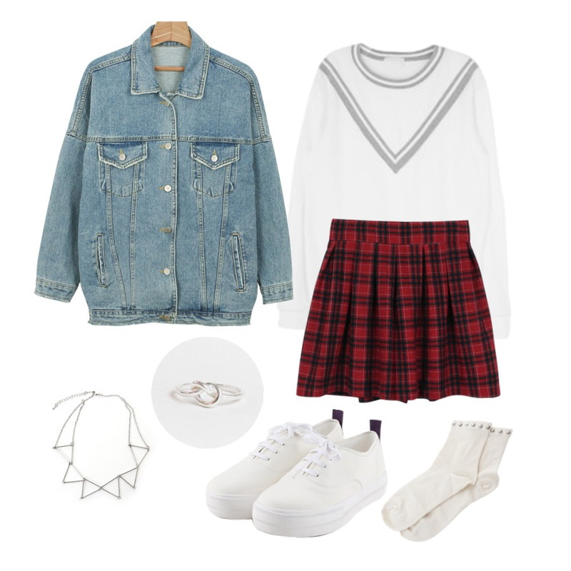 daily monday Check banding skirt,daily monday 3Color washing denim jacket(19~22 입고예정),MIXXMIX 브이라인 티셔츠등을 매치한 코디