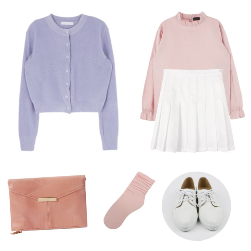 biznshoe AA high tennis skirt (3color),MIXXMIX 프릴 크림 블라우스,MIXXMIX 메모리즈 가디건등을 매치한 코디