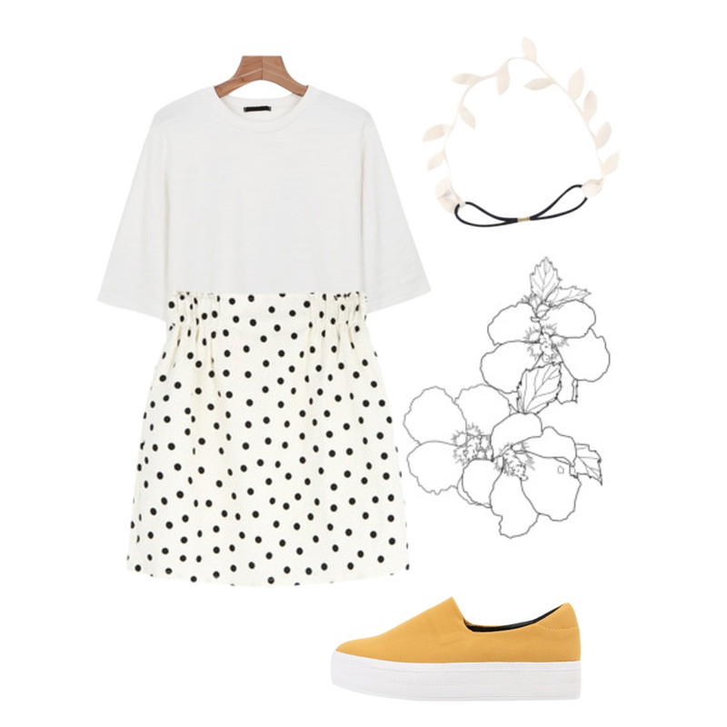 biznshoe Vivid color slip-on (3color),MIXXMIX 엔리코 도트 스커트,daily monday Washing quality tee등을 매치한 코디