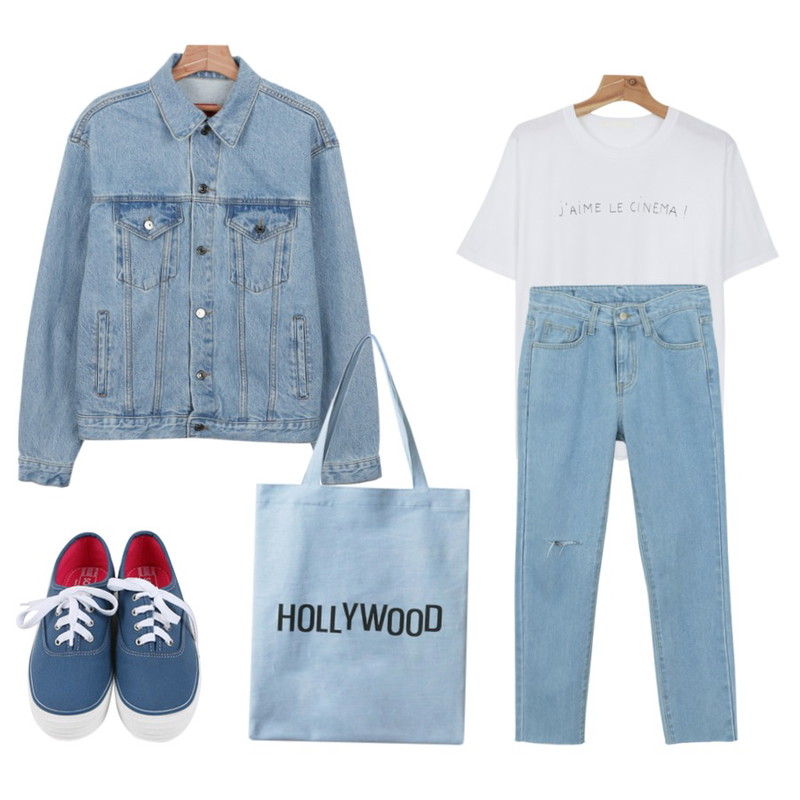 daily monday Boxy basic denim jacket(24일 입고예정),daily monday Cinema 1/2 tee,daily monday Daily casual straigth denim등을 매치한 코디