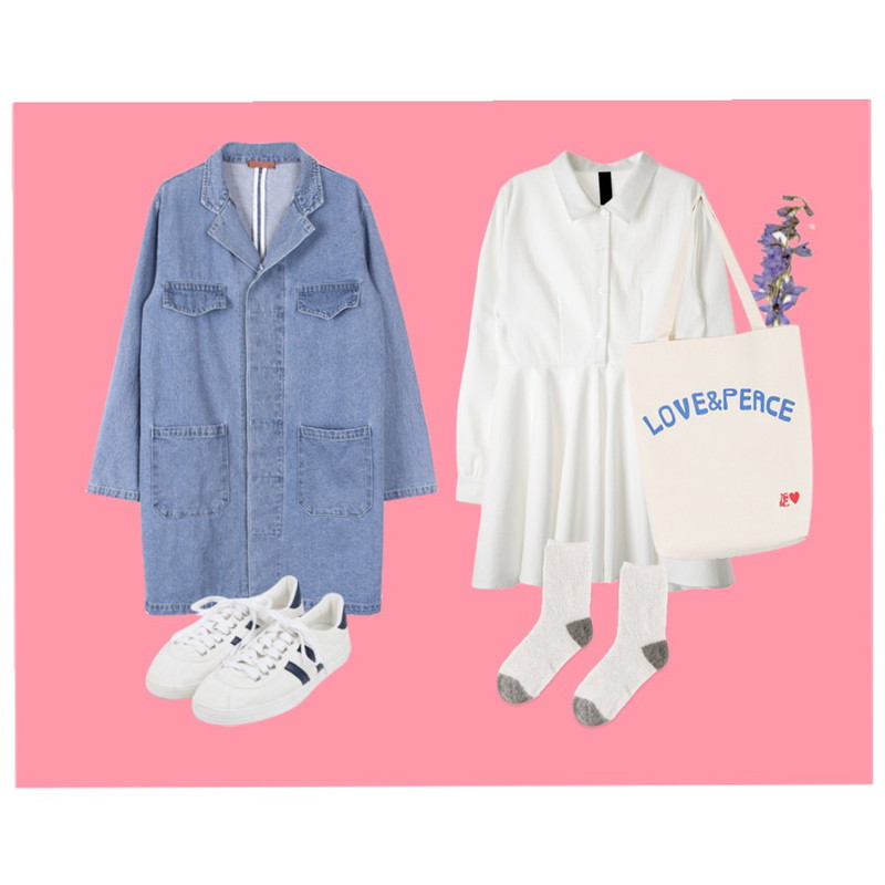 driedflower,Pink,biznshoe Denim long coat등을 매치한 코디