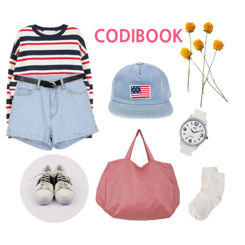 Monobarbie  코튼캔디 앙고라삭스White/Pink/Beige/Right Gray/Dark Gray/Black,MIXXMIX 모나코 더블 라인 티셔츠,daily monday Belt set short denim pants등을 매치한 코디