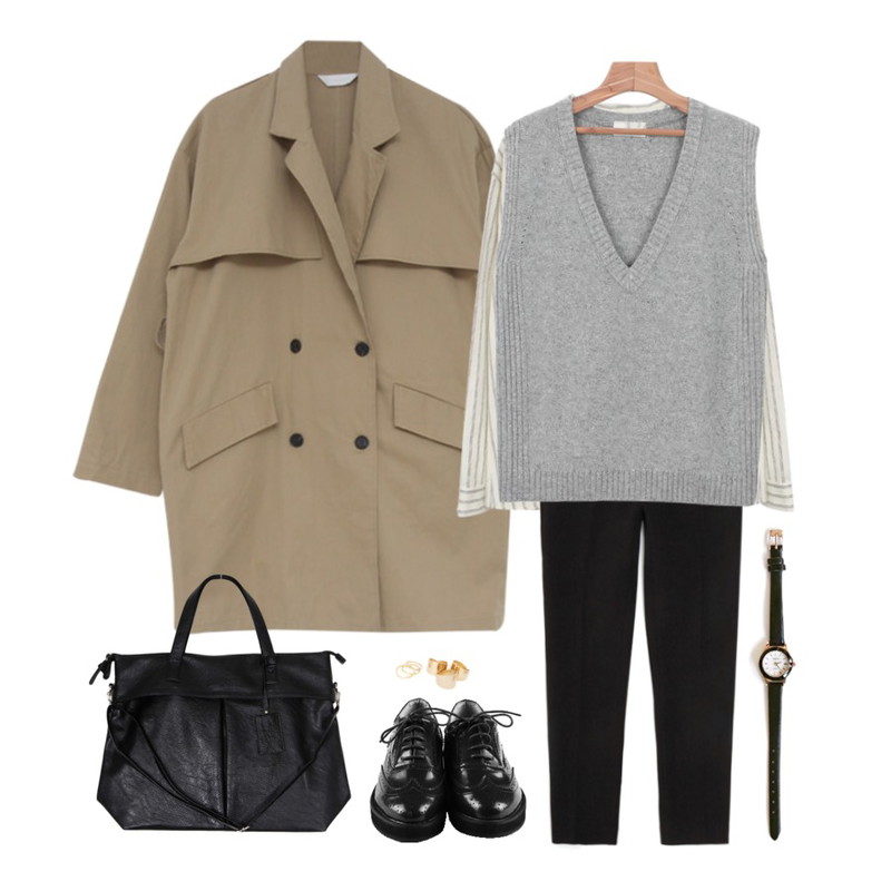 daily monday Punching lace loafer,Zemma World 데일리덕 (bag),MIND ME 더블 버튼 트렌치코트등을 매치한 코디
