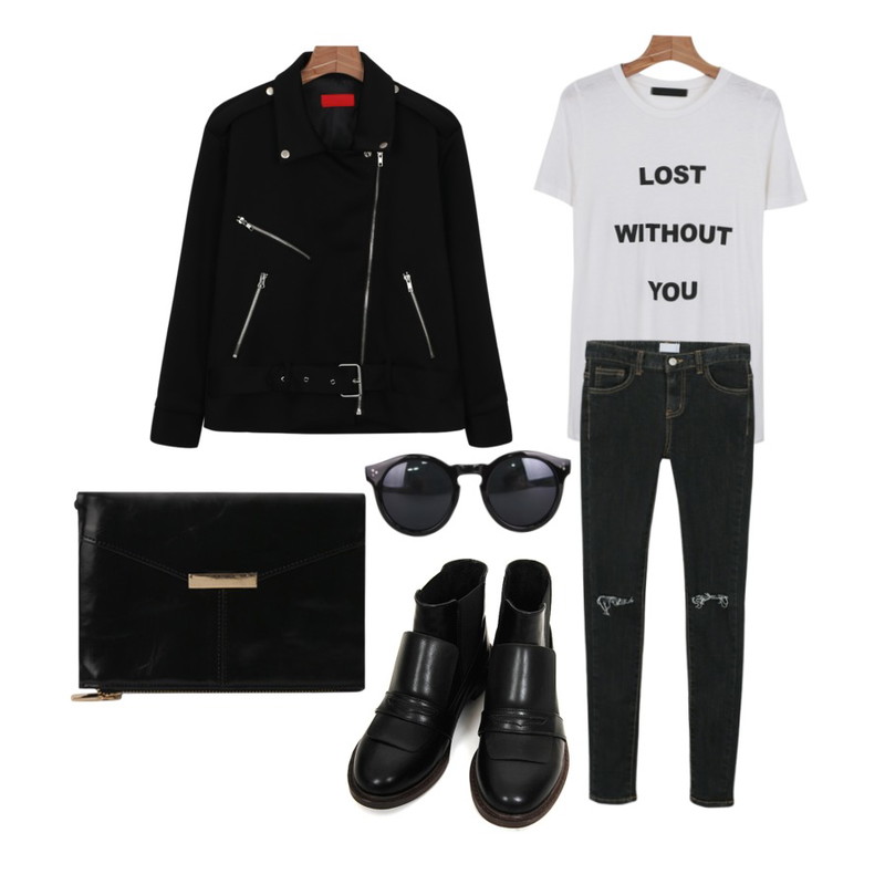 Zemma World 페니앵클 (boots),daily monday Alexander printing tee,daily monday Cozy rider jacket등을 매치한 코디
