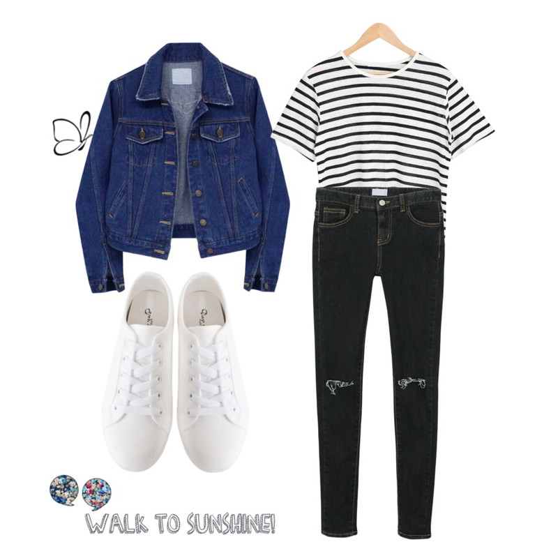 4,Rough & Detail basic denim, jk_deep-blue(4월초 입고예정),Salon de byme 먼데이 스트라이프 t ( 블랙 / 그레이 )등을 매치한 코디