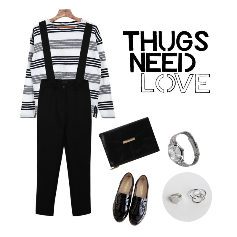 Zemma World Edam stripe tee부드러운 코튼소재의 스트라이프 티두가지 스트라이프가 깔끔하게-!,daily monday Normal overalls slacks,Rough & Detail kyuran loafer, shoes_black등을 매치한 코디
