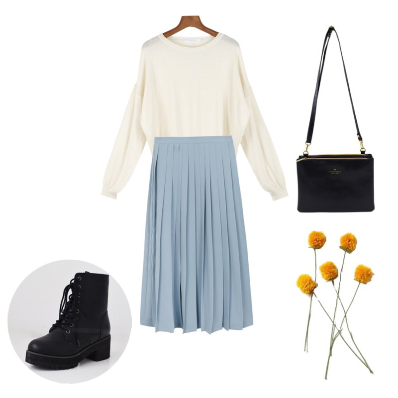 daily monday Minimal thin knit,Monobarbie [RB1669] 루시안Black 5.6cm,daily monday Muse long pleats skirt등을 매치한 코디