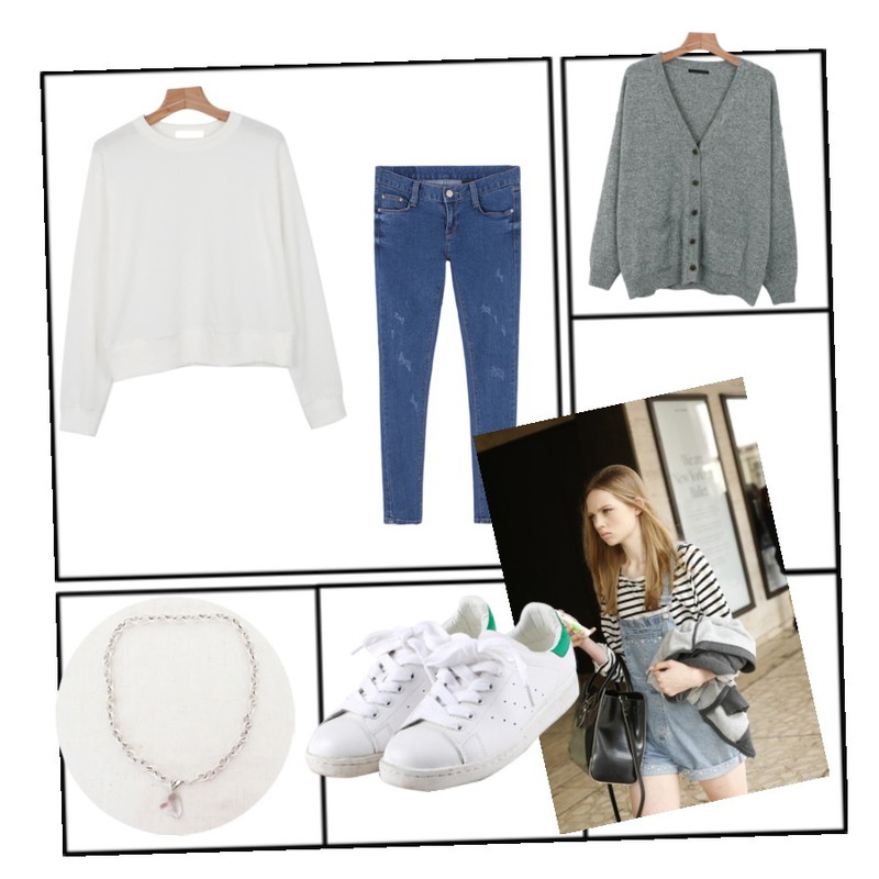 frame,daily monday Bocaci standard cardigan,daily monday Simple line man-to-man등을 매치한 코디