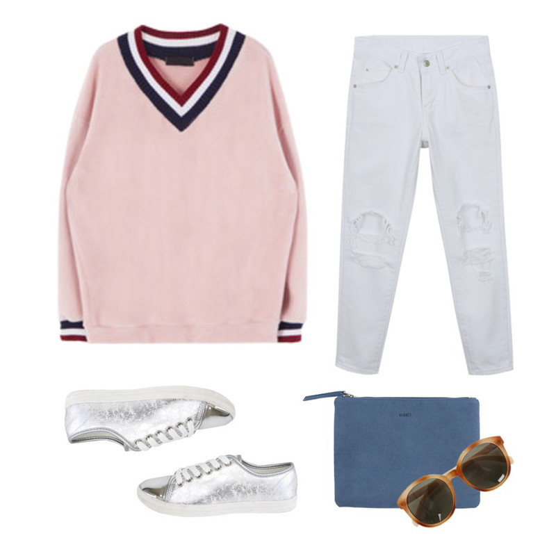 MIXXMIX 포그니 서드 스웨트 셔츠,daily monday White damage pants,daily monday Pastel mini clutch등을 매치한 코디
