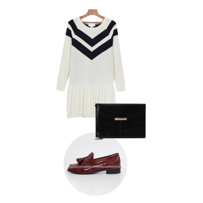 daily monday Modern pleats one-piece,MIND ME 블라썸 클러치&크로스 백,Monobarbie  크레소White/Wine/Black 2.5cm등을 매치한 코디