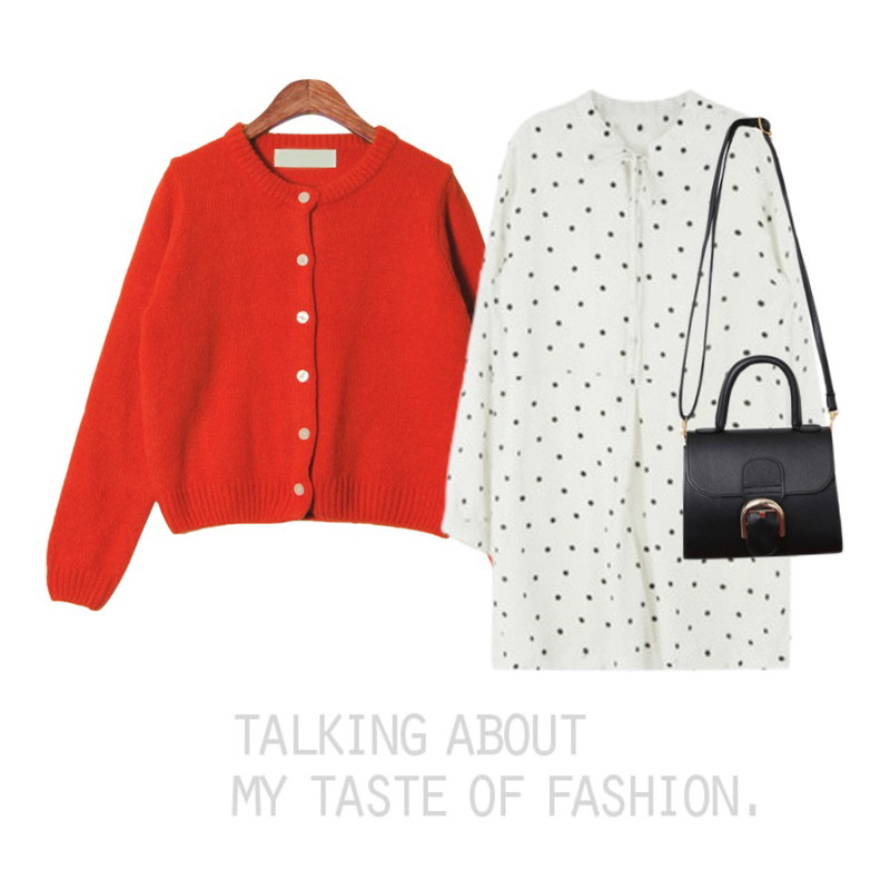 Zemma World Basic color cardigan,Brownbunny 베스트 미니멈 클래식 백 / Best Minimum Classic Bag,MIXXMIX 라퓨타 도트 원피스등을 매치한 코디