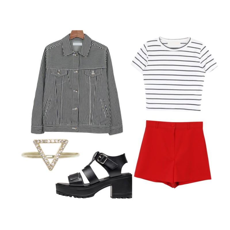 daily monday 2-Different jacket,daily monday Basic high-waist short pants,MIXXMIX 마린 크롭 티셔츠등을 매치한 코디
