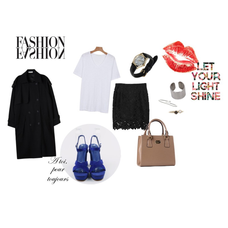 daily monday Feminine lace skirt,MIXXMIX 사이드포켓 트렌치코트,daily monday Natural V-neck basic tee등을 매치한 코디