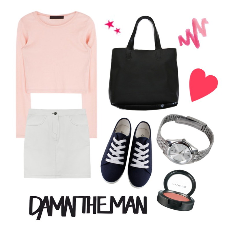 daily monday Indigo mini skirt,MIXXMIX 헤일든 크롭 티셔츠,Zemma World 헤이즐넛 (bag)넉넉한 수납공간/파우치까지 한 세트에요!등을 매치한 코디