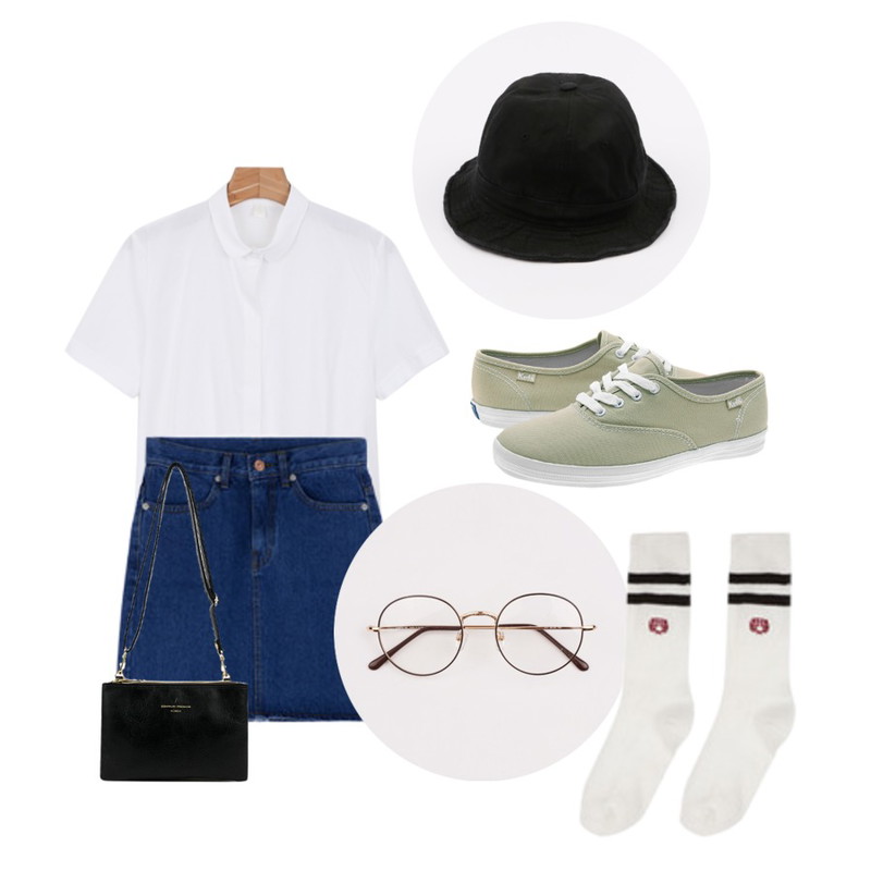 MIXXMIX 로날드 데님 스커트,daily monday Cotton bucket hat,daily monday Back pleats blouse등을 매치한 코디