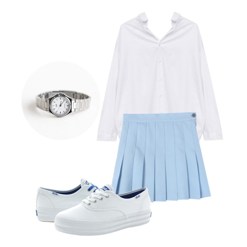 biznshoe tennis skirt (5color),Rough & Detail front back V, nb_ivory,daily monday Casio Basic metal watch등을 매치한 코디