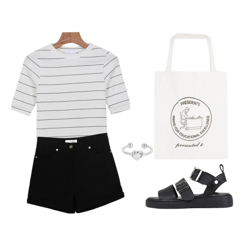 daily monday Slim cotton stripe tee,MIXXMIX 프레지던트 에코백,MIND ME 밴딩 버클 샌들등을 매치한 코디