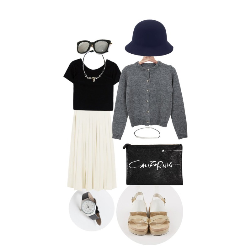 daily monday Muse long pleats skirt,daily monday Simple modern watch,daily monday Chunky enamel shoes등을 매치한 코디