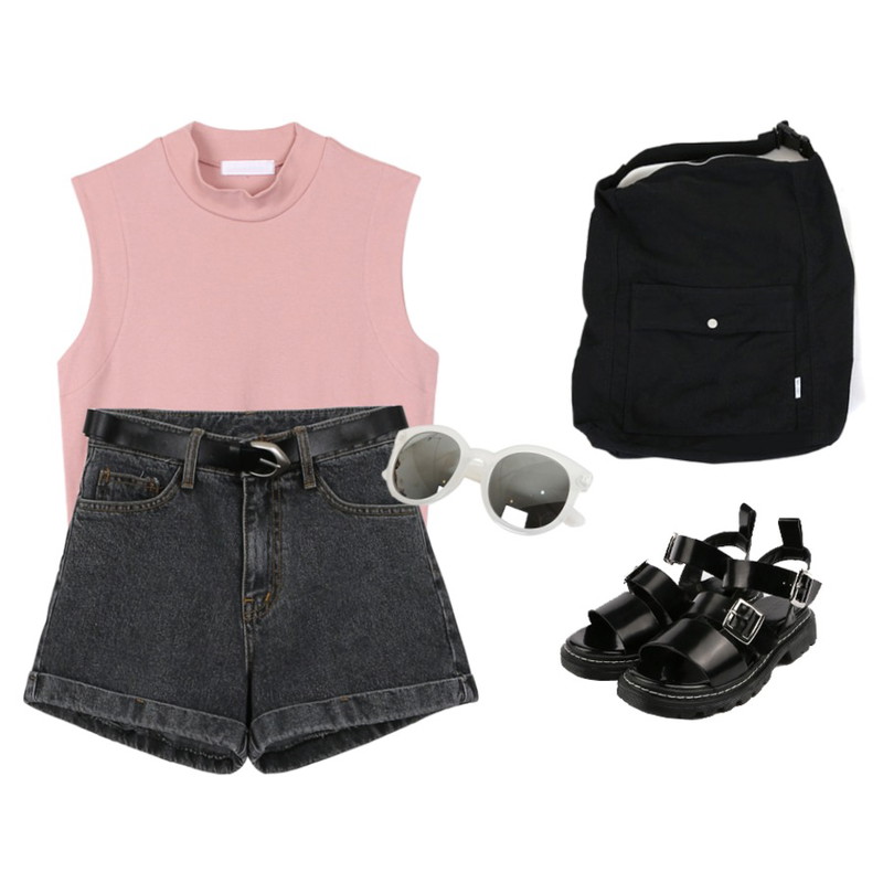 daily monday Belt set short denim pants,daily monday Trendy strap sandal,biznshoe Half neck sleeveless (4color)등을 매치한 코디