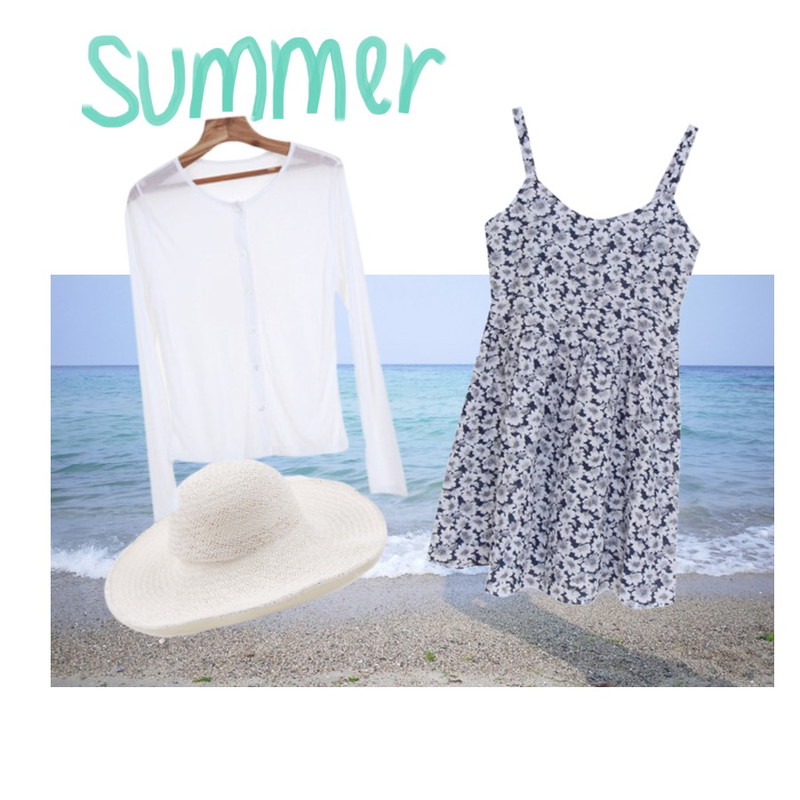 바다,daily monday Summer big straw hat,MIND ME 러블리 플라워 OPS등을 매치한 코디
