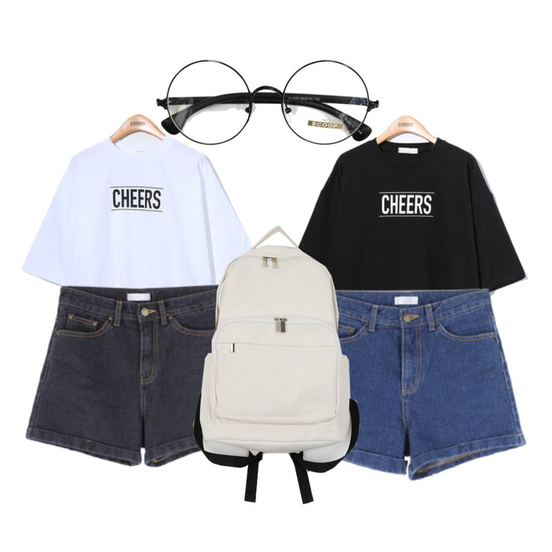 MIXXMIX 롤업 스티치 숏츠,Reine Cheers Unbalance Tee,Reine Cheers Unbalance Tee등을 매치한 코디