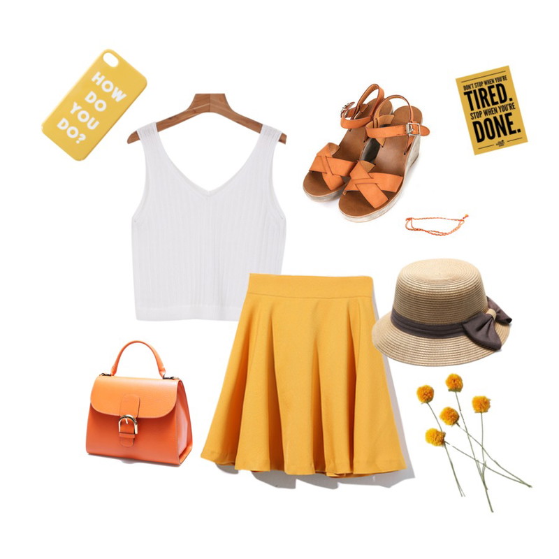 Zemma World 줄리엣 (wedge sandal),Reine Tropical Flare Skirt,daily monday Golgi v-knit vest등을 매치한 코디