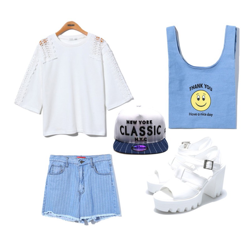 Reine Anna Platform Shoes,Reine Lace Needlepoint Tee,Reine Newyork Stripe Snapback등을 매치한 코디