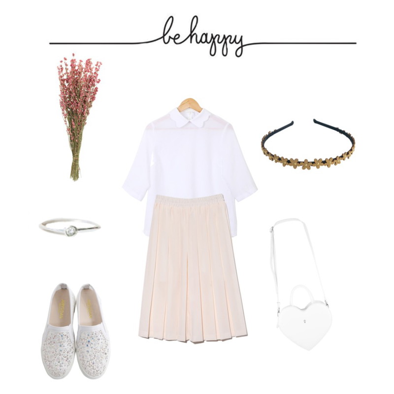 Salon de byme (U) 물결카라bl ,Reine Baby Pleats Midi Skirt,MIXXMIX MXM15SSHeart key bag (white)등을 매치한 코디
