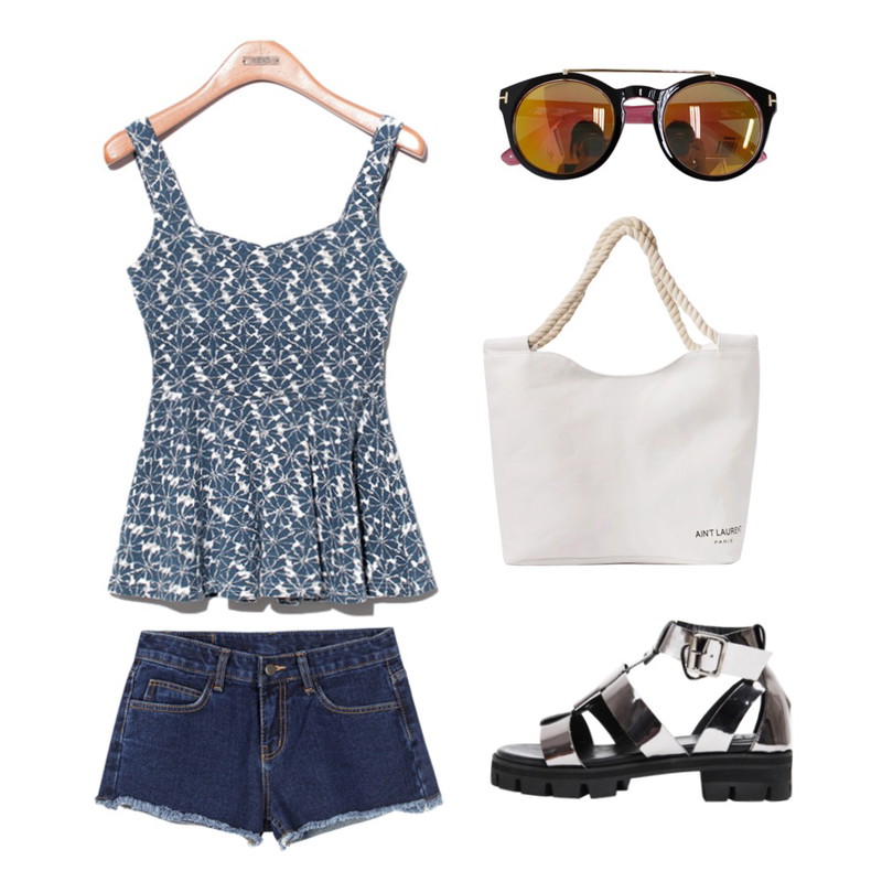 biznshoe H strap enamel sandle (2color),Reine Fire Festival Bustier Top,MIXXMIX 542 데님 숏츠등을 매치한 코디