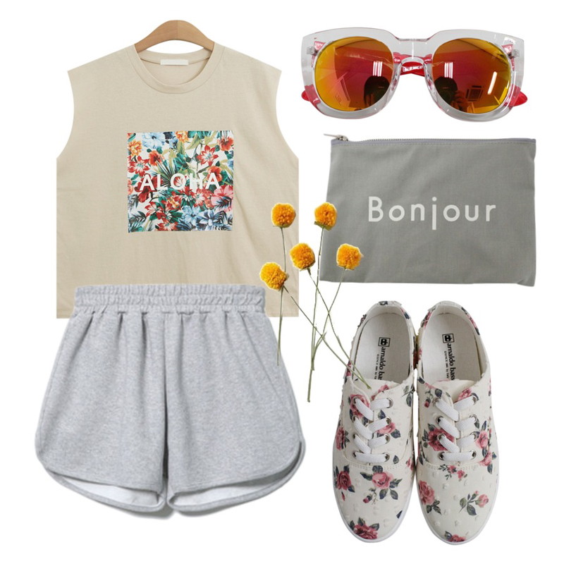 Rough & Detail popcorn flower, shoes_ivory,Reine Simpsons Casual Two-piece,TODAY ME [sleeveless]알로하 나시티등을 매치한 코디