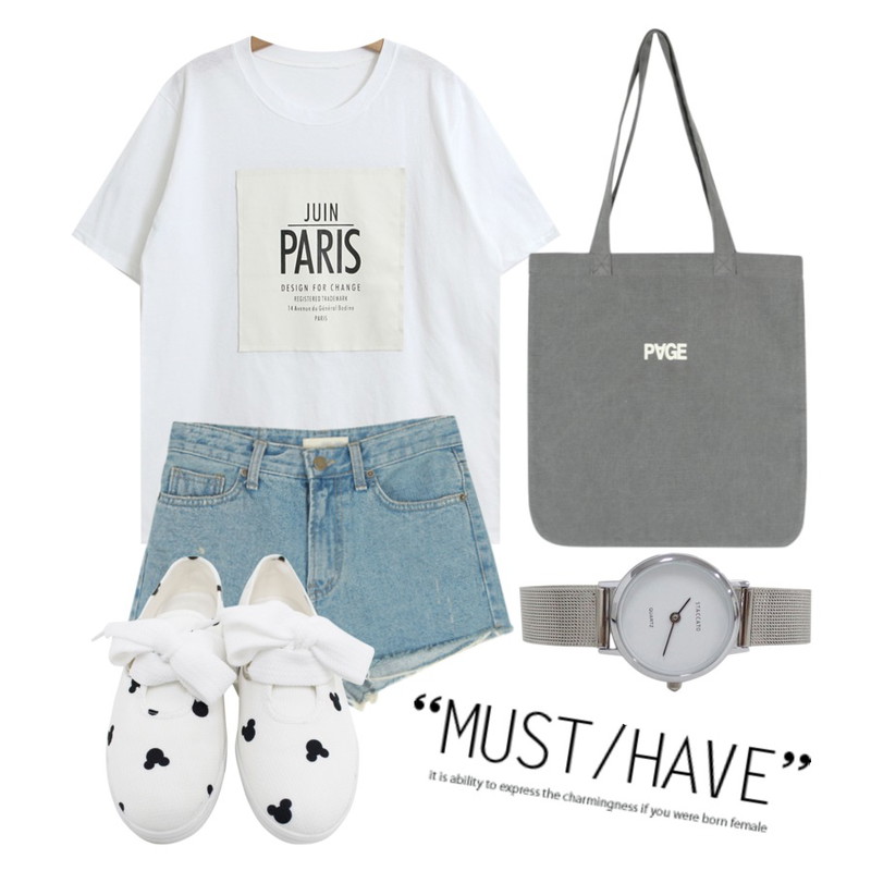 common unique [BOTTOM] KITSCH VINTAGE SHORTS,TODAY ME [tee]파리스 티,Rough & Detail big string, shoes_white등을 매치한 코디
