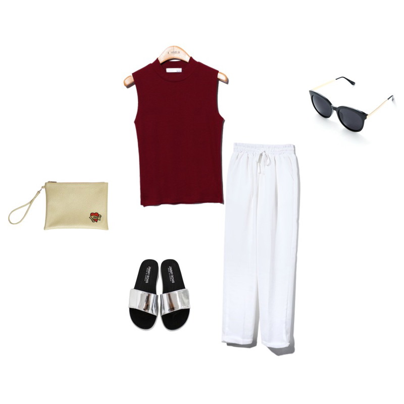 Reine Roll_Up Mannish Slacks,Reine Tamtam Half-neck Sleeveless Tee,Rough & Detail wide velcro slipper, shoes_silver등을 매치한 코디