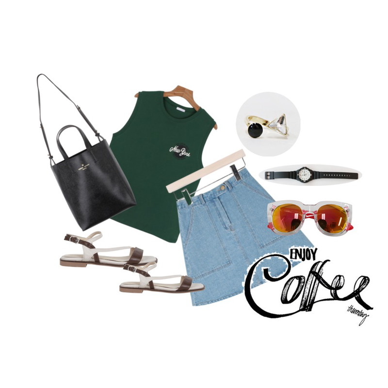 AIN simple A pocket denim skirt (2 colors),AIN girlish cozy color sandal (2 colors),daily monday Basic new york sleeveless등을 매치한 코디